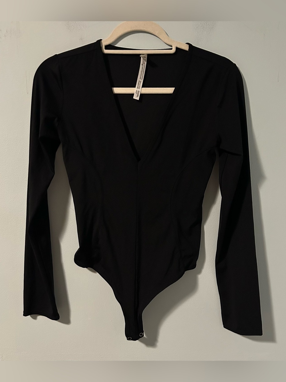 Intimately Free People Black Super Soft Deep V Thong Back Long Sleeve Bodysuit